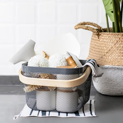 AJIODA Metal Mesh Steel Basket, Storage Organizer Basket Multi-functional Hanging Kitchen Baskets Fruit Basket Bin with Bamboo Handle for Kitchen Bathroom Picnic Shopping Decor Cabinet Home, Blue