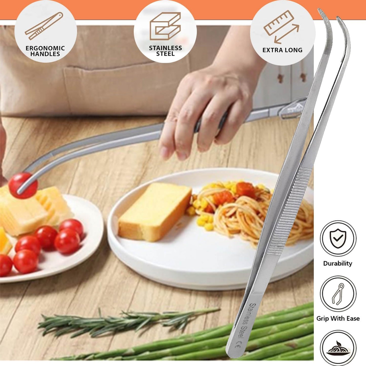 6 Inch Professional Culinary Stainless Steel Precision Tongs with Serrated Tips, Plating/Food Presentation Detailing Serving Tongs, Chef's Kitchen Tweezer Tongs - Ultra Non-Slip Grip