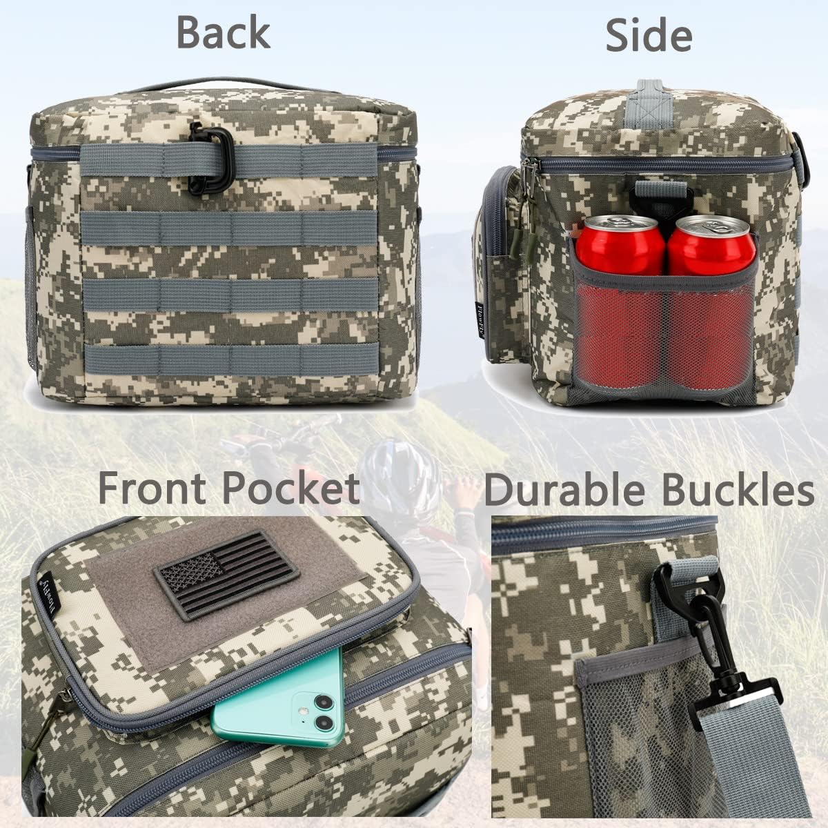 FlowFly Lunch Bag, Insulated Cooler, Thermal Lunch Box Tote with MOLLE/PALS Webbing, Adjustable Padded Shoulder Strap, for Tactical Men Women Adults and Boys Girls Kids (Cyan, Medium)