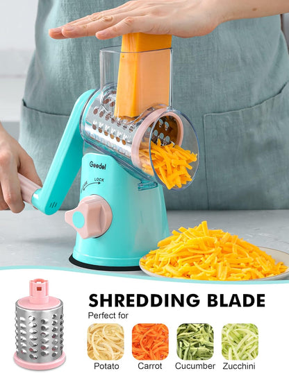 Geedel Rotary Cheese Grater, Kitchen Mandoline Vegetable Slicer with 3 Interchangeable Blades, Easy to Clean Rotary Grater Slicer for Cheese, Vegetables, Nuts
