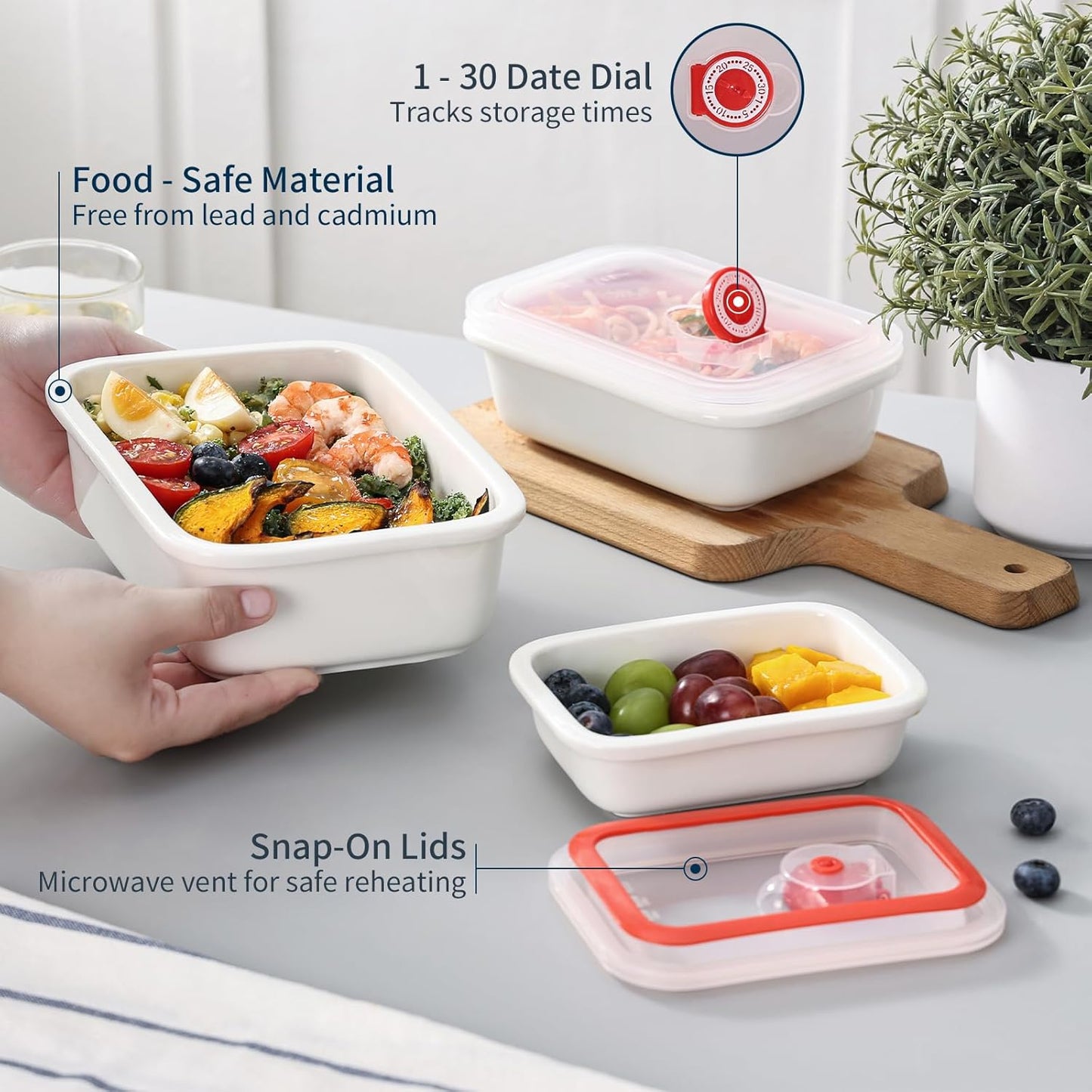 Dizada Ceramic Food Storage Containers with Lids Set of 3 - Porcelain Meal Prep Containers, Reusable Lunch Containers, Microwave Dishwasher Freezer Oven Safe