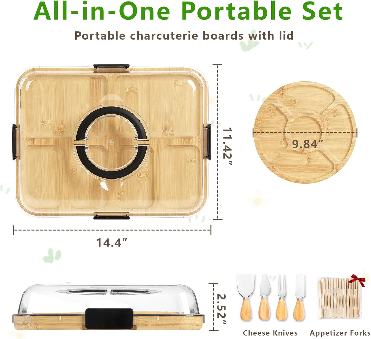 SAKAMOSH Charcuterie Board with Lid and Handle, Portable Travel Bamboo Cheese Board Set with Cheese Knife Set, Gift for Housewarming, Picnic, Gathering (15"x11" Board & 10" Round Board)