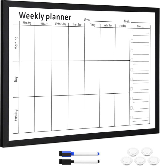 Navaris Weekly Planner White Board - 24" x 36" Magnetic Dry Erase Whiteboard Calendar with 7-Day Week Plan for Wall - Includes Markers and Magnets