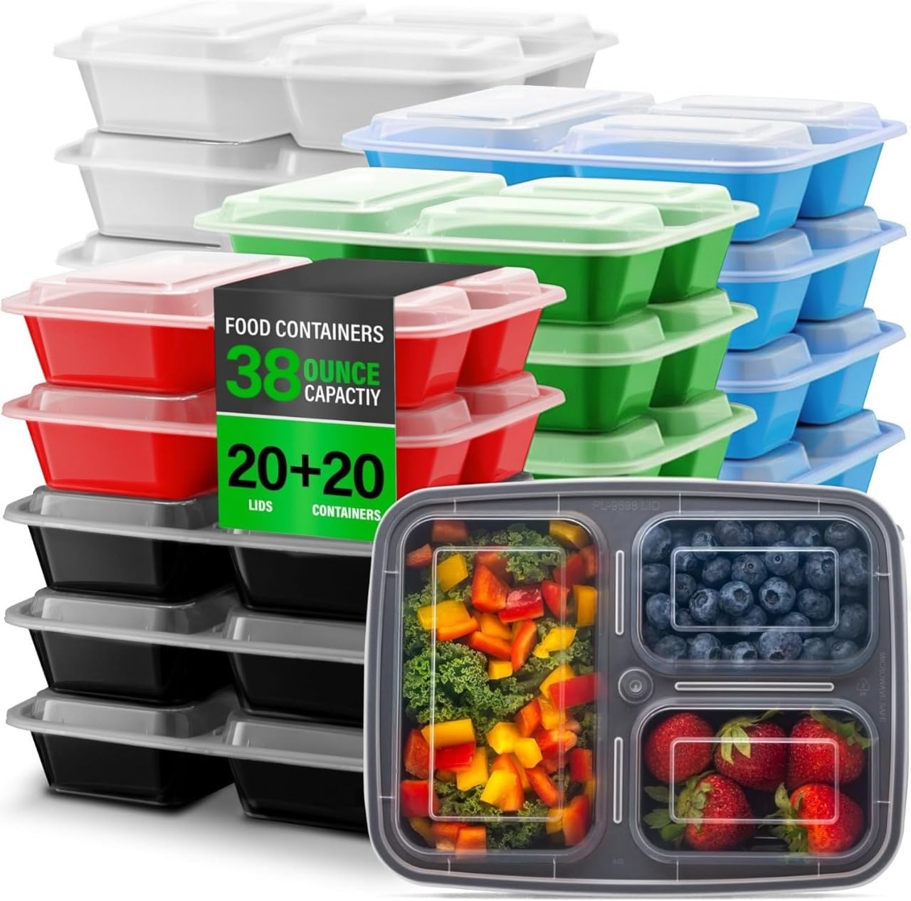 Bexter 10 Pack Compartment Trays with 10 Lids for Takeout and Food Storage / 3 Section compartment for portion control