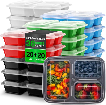 Bexter 10 Pack Compartment Trays with 10 Lids for Takeout and Food Storage / 3 Section compartment for portion control