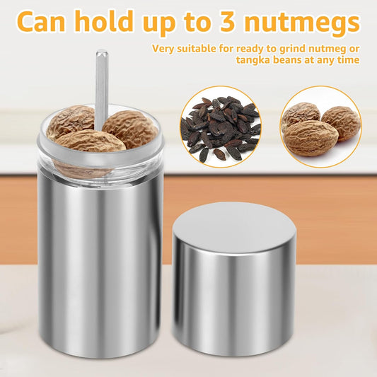 Stainless Steel Nutmeg Grinder Mill with Integrated Storage Container - Professional Manual Spice Grater for Whole Nutmeg, Ginger, Cinnamon & Hard Spices - Adjustable Coarseness Nut Chopper