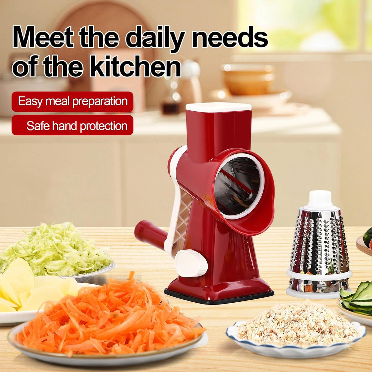 Rotary Cheese Grater Manual Hand Crank 3-in-1 Vegetable Shredde