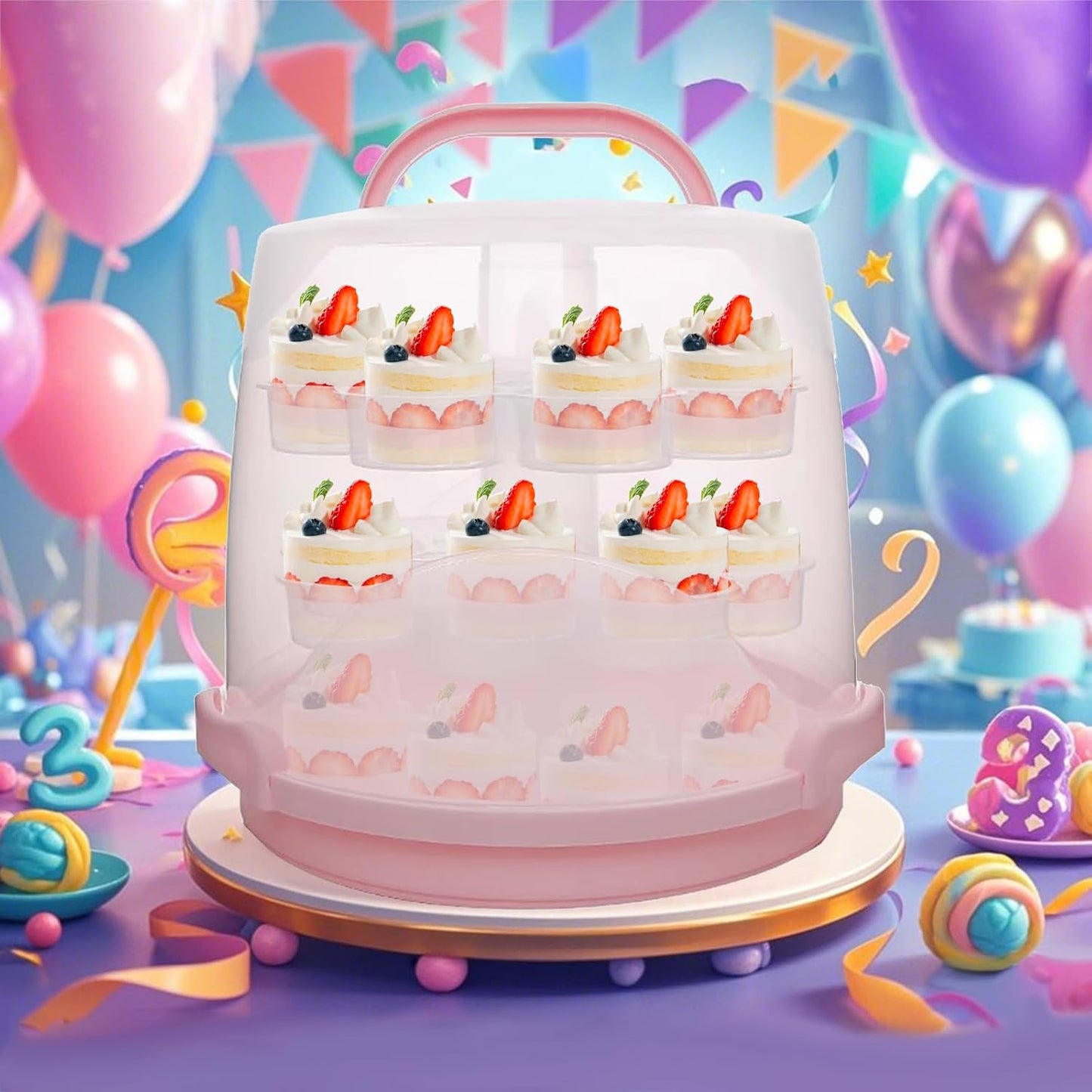 3-Tier Party Cupcake Carrier, Cupcake Holder with Lid and Handle for Transport Storage 24 Cupcakes (White)