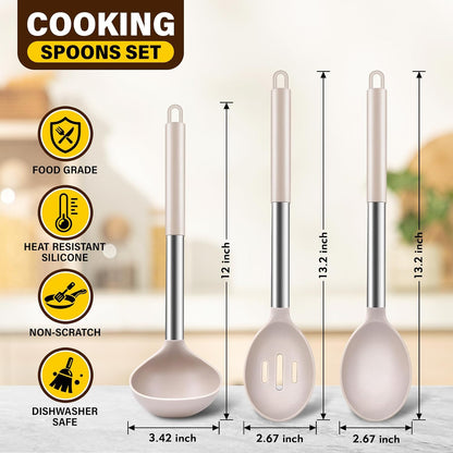3Pcs Silicone Cooking Spoon Set, Kitchen Utensils Include Solid & Slotted Spoon, Soup Ladle, Food-Grade Heat Resistant 446°F, Non-Scratch Spoons for Serving, Stirring, Draining, Dishwasher Safe, Gray