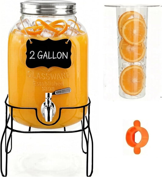 2 Gallon Glass Beverage/Drink Dispenser with Stand, Lid & Ice Core | Leakproof 18/8 Stainless Steel Spigot | Mason Jar Style for Party, Iced Tea, Outdoor & Home