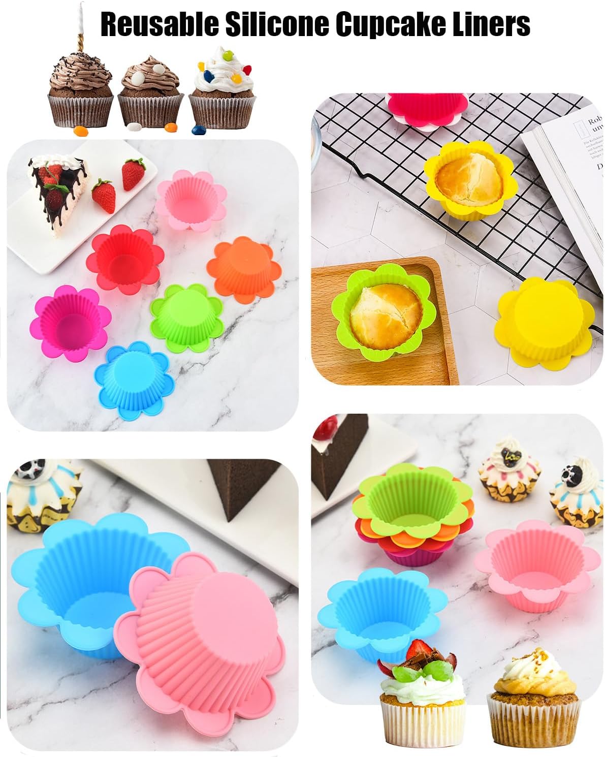 24 Pcs Silicone Muffin Liners with Tabs, Reusable Cupcake Liners for Steel Muffin Pan, Non-Stick Baking Cups (24Pcs-6Colors)