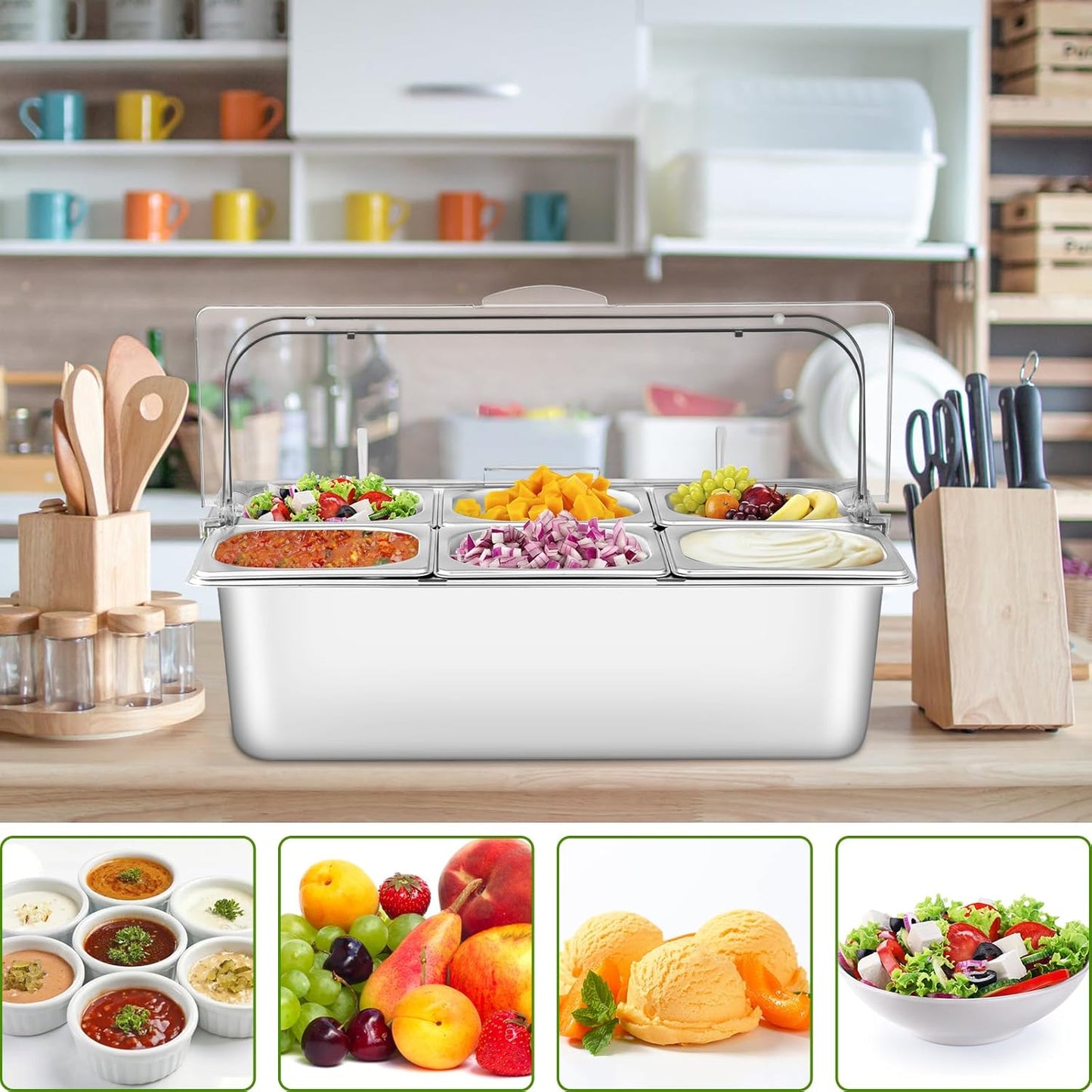 Countertop Food Serving Display Container with Clear Roll Top Cover, Stainless Steel Serving Tray Buffet Condiment Dispenser Ice Cooled Food Display Rack Pans(6 Pan)