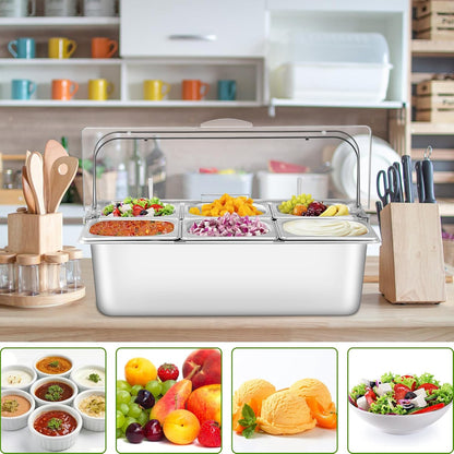 Countertop Food Serving Display Container with Clear Roll Top Cover, Stainless Steel Serving Tray Buffet Condiment Dispenser Ice Cooled Food Display Rack Pans(6 Pan)