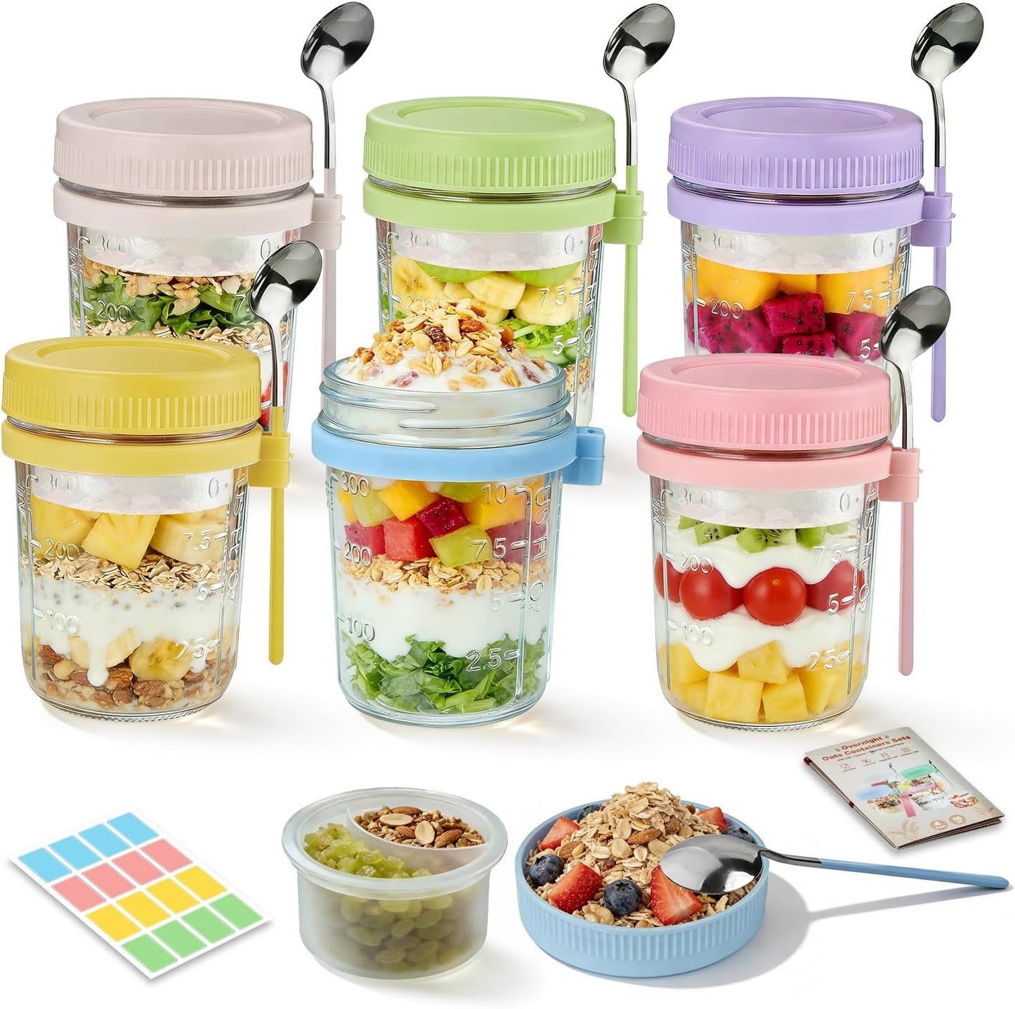 Overnight Oats Containers with Lids and Spoons - 4 Pack 16 oz Glass Mason Jars with Separate Compartments Airtight Overnight Oat Jars Leakproof Yogurt Parfait Cup for Oatmeal Chia Pudding Cereal Salad