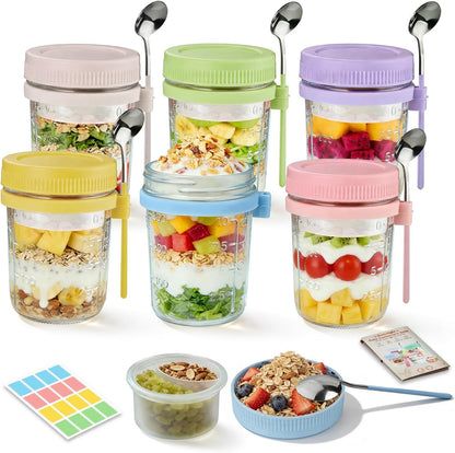 Overnight Oats Containers with Lids and Spoons - 4 Pack 16 oz Glass Mason Jars with Separate Compartments Airtight Overnight Oat Jars Leakproof Yogurt Parfait Cup for Oatmeal Chia Pudding Cereal Salad
