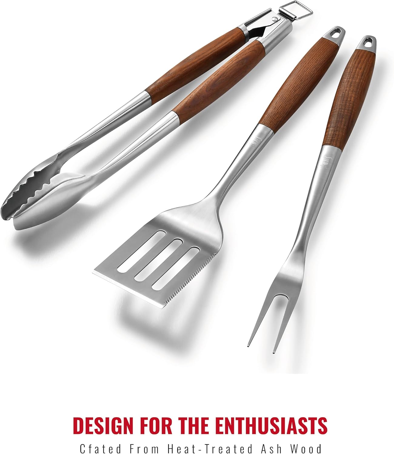 GRILAZ Heavy-Duty Rose Wooden BBQ Grilling Tools Set. Extra Thick Stainless Steel Multi-Function Spatula, Fork & Tongs | Essential Accessories for Barbecue & Grill. Ideal Gift for Father…
