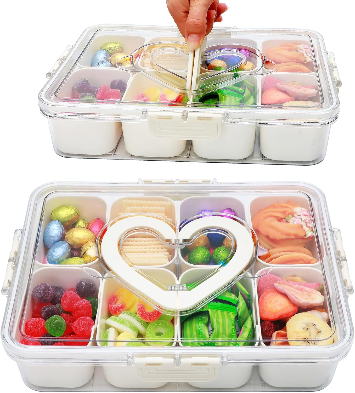 XING-RUIYANG Divided Serving Tray with Lid and Handle,Snackle Box Containers with 8 Compartment,Portable Snack Serving Platters Reusable Storae Organizer for Fruits,Nuts,Candy,Party,Picnic,Veggies