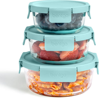 Bentgo Glass Leak-Proof Food Storage Set - 4-Piece Glass Containers with BPA-Free Airtight Lids, Reusable & Durable for Leftovers & Meal Prep - Microwave, Freezer, Oven & Dishwasher Safe (Soft Aqua)