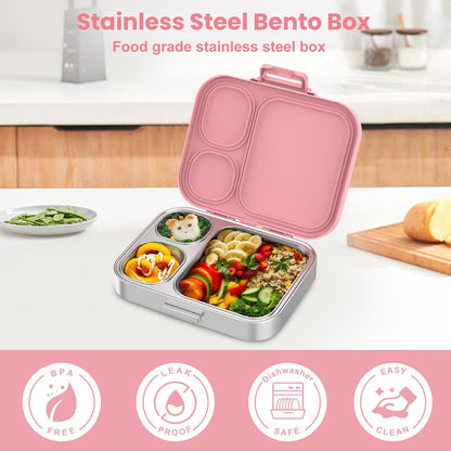 Pawtong Stainless Steel Bento Lunch Box for Kids | 3-Compartment Lunch Box Container Kids | 100% Leakproof, Eco-Friendly, Perfect Portion Control for Kids&Adult Healthy Meals (Purple)
