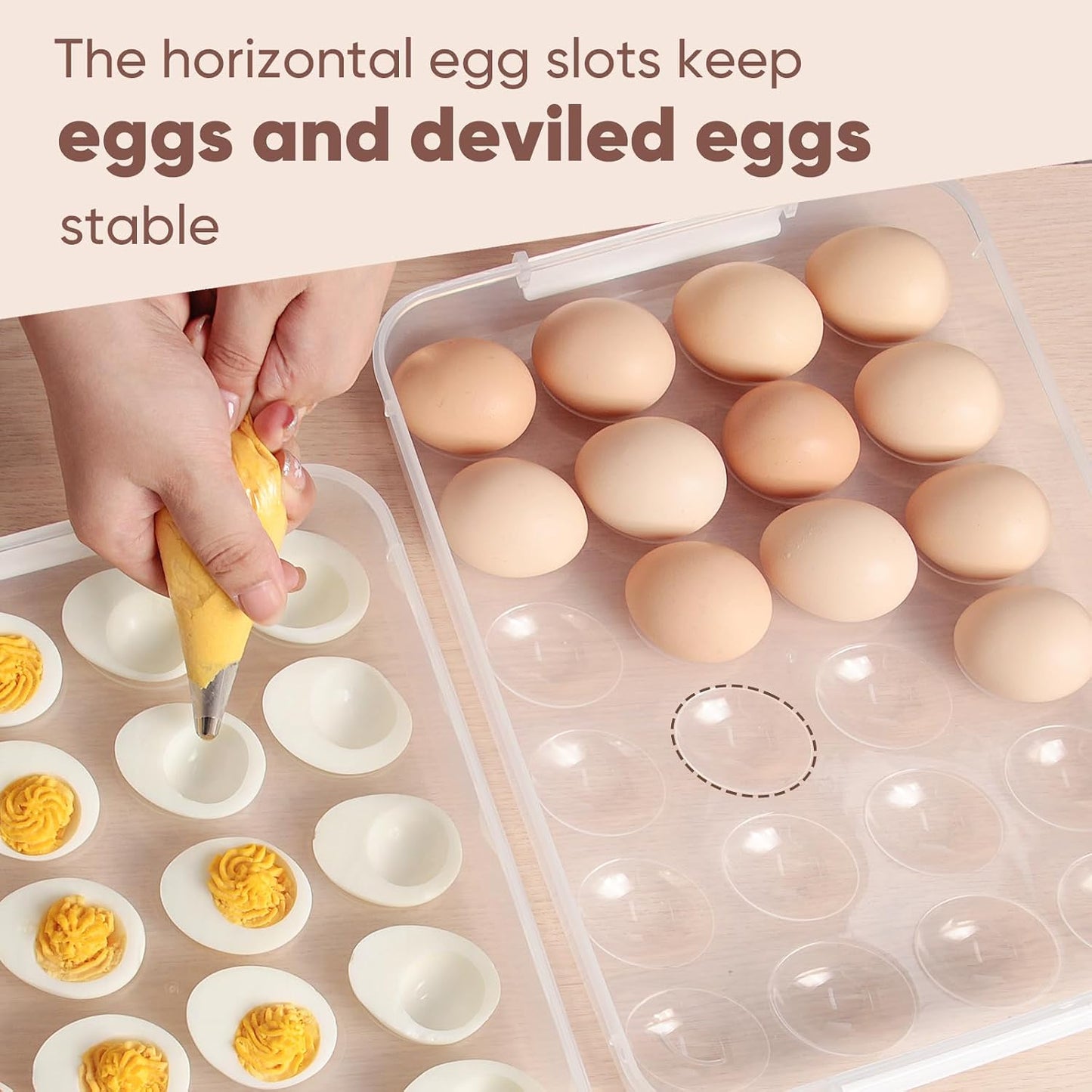 77L Deviled Egg Containers with Lid, (Set of 2), Plastic Deviled Egg Carrier with Handle for 48 Eggs, Clear Storage Devil Egg Platter, Fridge Portable Egg Tray (White)