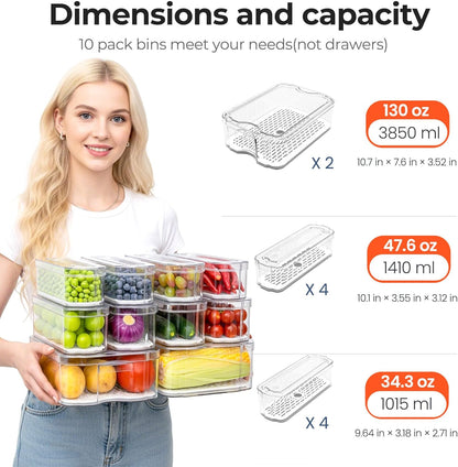 SMRCAD Refrigerator Organizers and Storage, 6 Pack with 1 Pull-Out Drawer and 5 Lidded Bins, Fruit Storage Containers for Fridge with Drain Trays, Helps Keep Produce Fresh