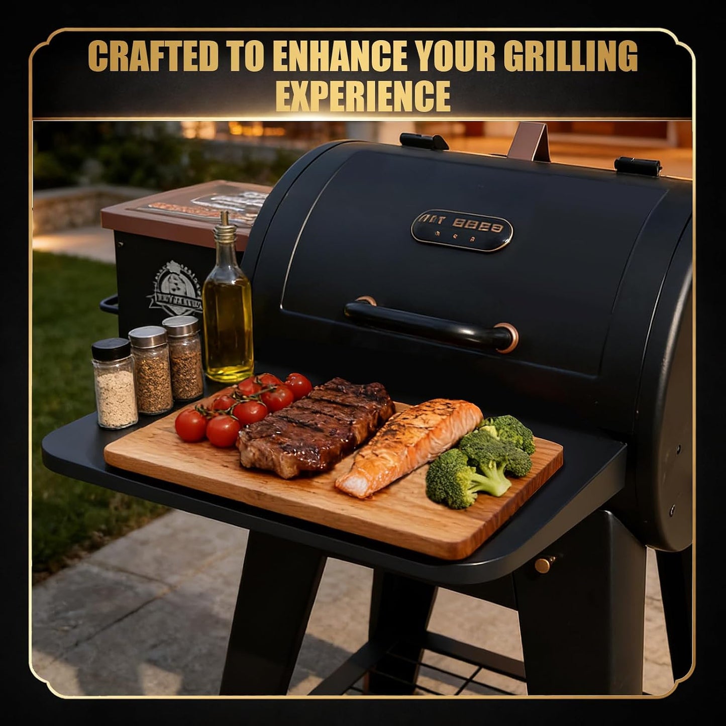 QuliMetal Folding Front Shelf for Traeger Pro 34, Texas Elite 34, Century 885 and Eastwood 34, 37" x 12" Heavy-Duty Grill Prep Table with Cutting Board, Stainless Steel Basin, Lid and 5 Hooks