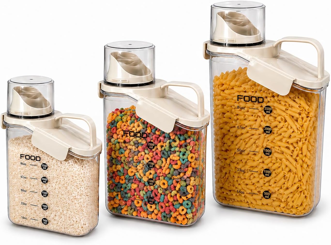 Rice Storage Container Set Airtight (3 Pack) – Pour Spout Pantry Containers for Cereal, Flour & Dry Food, BPA-Free Clear Kitchen Organizer (Small Medium Large)