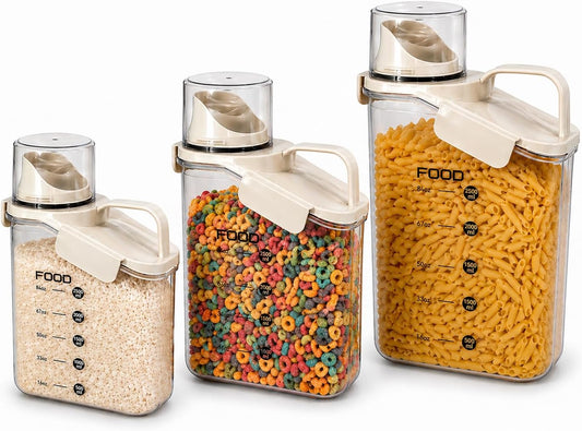 Rice Storage Container Set Airtight (3 Pack) – Pour Spout Pantry Containers for Cereal, Flour & Dry Food, BPA-Free Clear Kitchen Organizer (Small Medium Large)