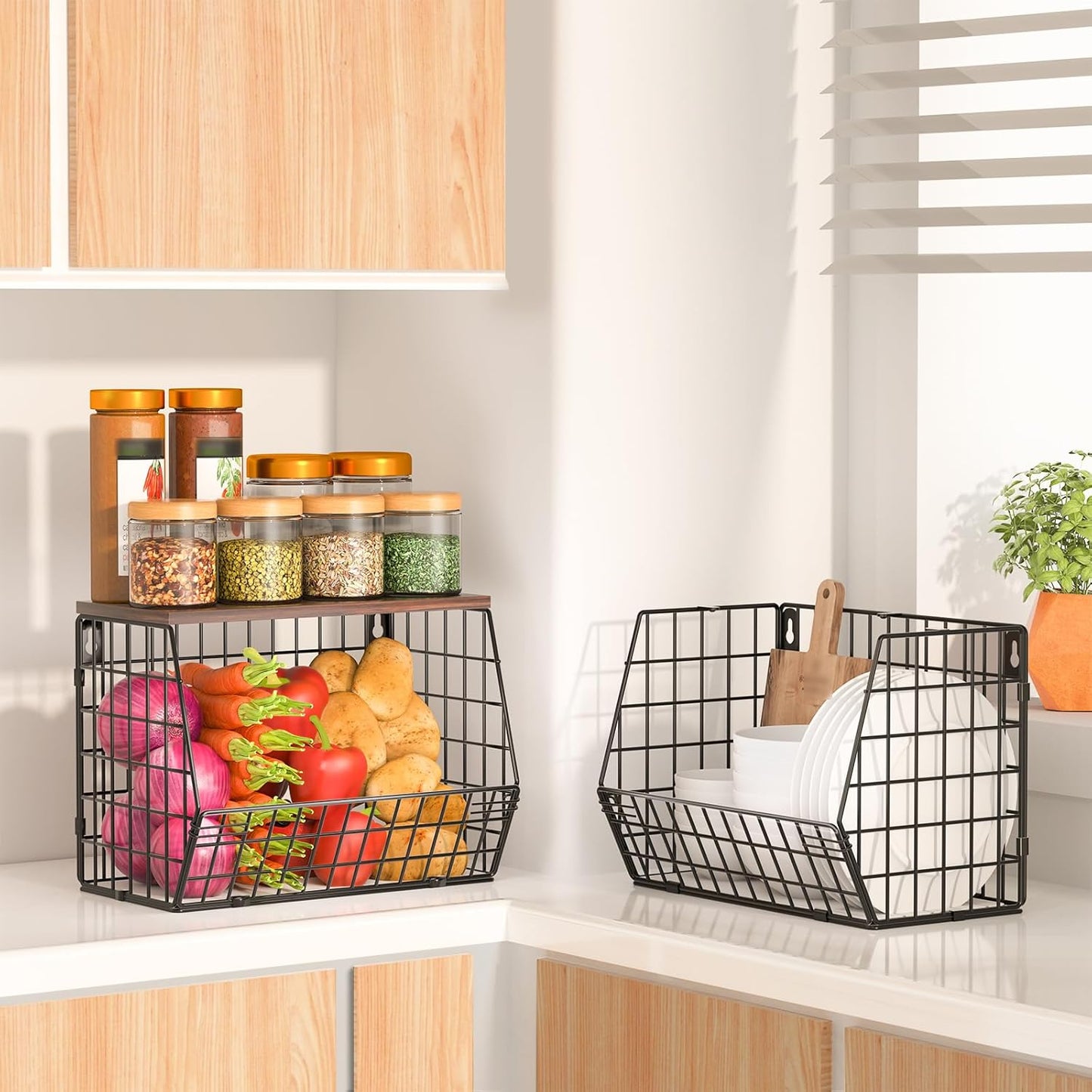White Fruit Bowl Wire Basket Storage Pantry Fruit and Vegetable Storage Fruit Basket for Kitchen Counter Stackable Wall Mounted Hanging Basket Wire Basket with Wood Lid with Hanger Hooks