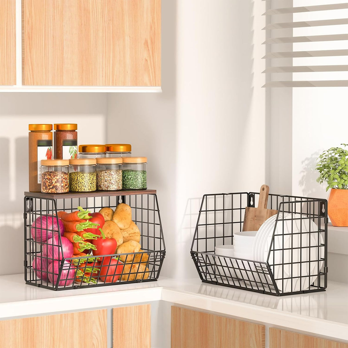 White Fruit Bowl Wire Basket Storage Pantry Fruit and Vegetable Storage Fruit Basket for Kitchen Counter Stackable Wall Mounted Hanging Basket Wire Basket with Wood Lid with Hanger Hooks