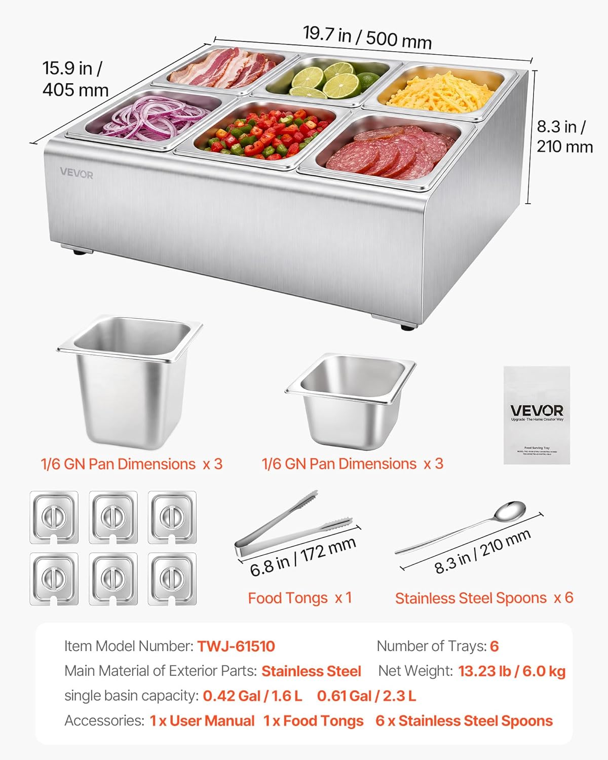 VEVOR Chilled Condiment Server Caddy, 5 Compartment Ice Cooled Serving Container, Plastic Fruit Garnish Tray Platter with Lid, for Taco Salad Bar Accessories, Party Home Restaurant Supplies