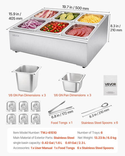 VEVOR Chilled Condiment Server Caddy, 5 Compartment Ice Cooled Serving Container, Plastic Fruit Garnish Tray Platter with Lid, for Taco Salad Bar Accessories, Party Home Restaurant Supplies