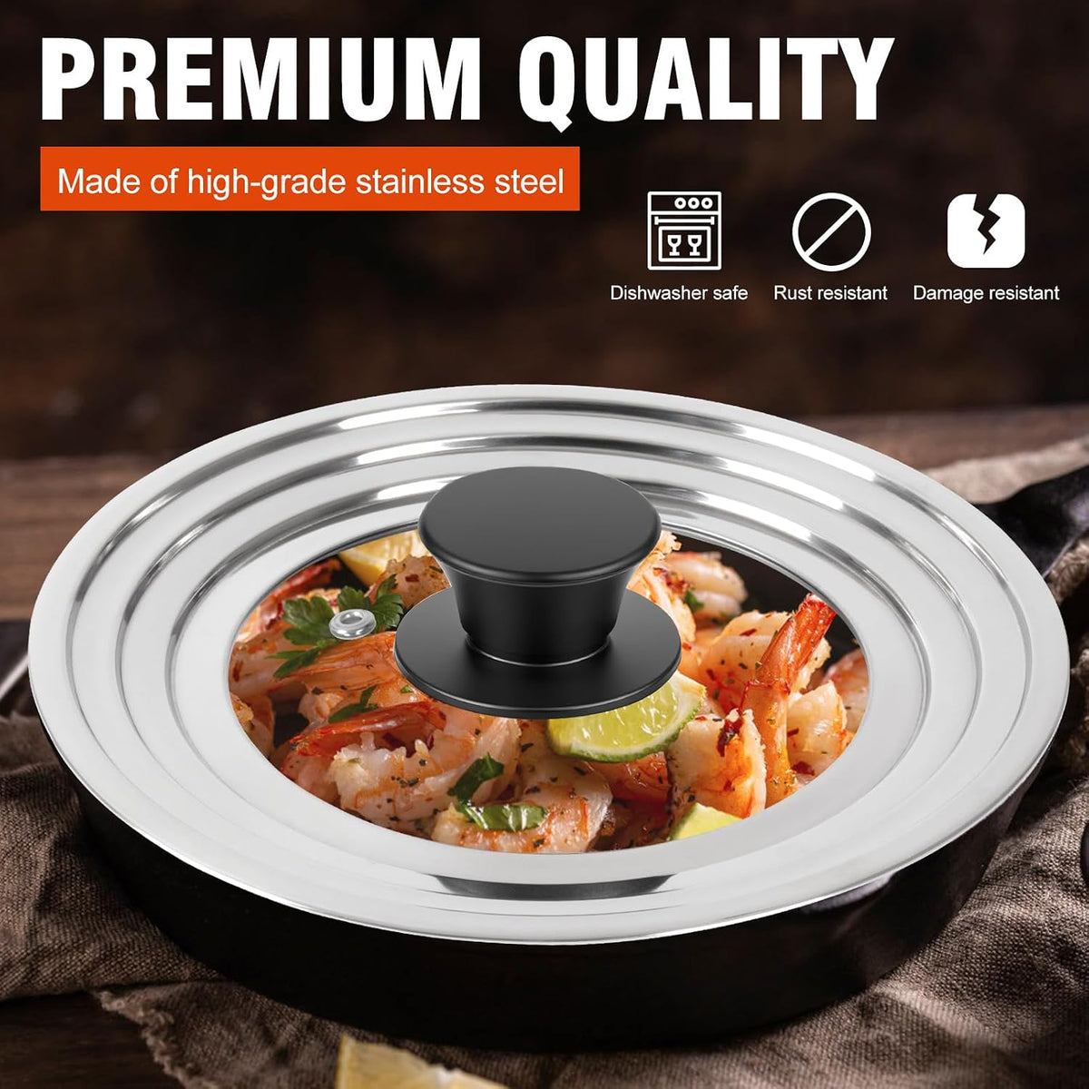 Universal Lids with Tempered Glass Top Fits 6, 7, 8 & 8.2, 9, 10, 11, 12, 12.5 Inch Cookware, Replacement Frying Pan Cover for Pots, Pans and Skillets, Cast Iron Lids for Space Saving