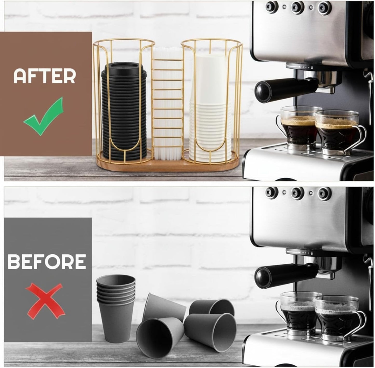Geelin 18oz Adjustable Coffee Cup Dispenser with Wooden Base, Cup and Lid Holder, Cups Holder Organizer for Coffee Pod Straw and Lid Storage(2-compartment Single,Color 2)