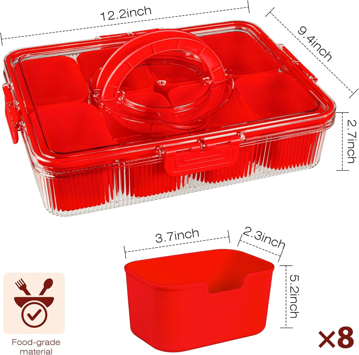 Patent Divided Serving Tray with Lid & Handle - Snackle Box Organizer for Charcuterie, Sandwiches, Veggies, Fruits, Candy - Portable Food Storage for Travel, Beach, Picnics（1 pcs, Orange）