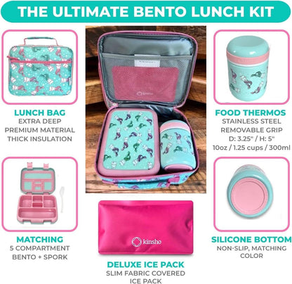 Bento Box with Stainless Steel Thermo, Insulated Lunch Bag, Ice Pack Set for Kids - 5 Compartments, Lunches or Snack Container for Girls, Toddlers Daycare Pre-School, Kindergarten Purple Unicorn