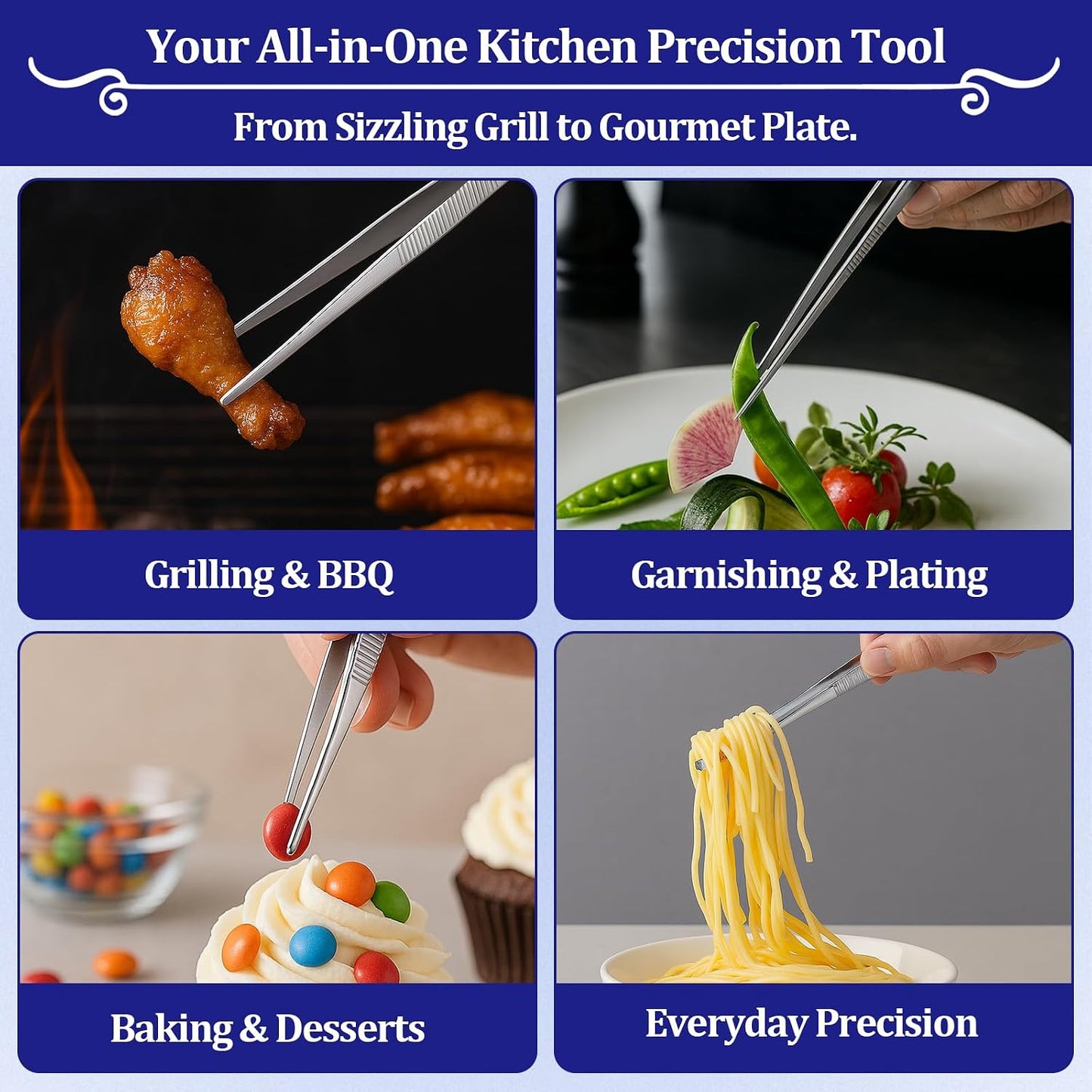 12-inch Stainless Steel Cooking Tongs & Tweezers, Non-Slip Grip & Serrated Tips for Grilling, Baking, Garnishing, BBQ, Kitchen & Craft Use (Round Tip)