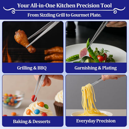 12-inch Stainless Steel Cooking Tongs & Tweezers, Non-Slip Grip & Serrated Tips for Grilling, Baking, Garnishing, BBQ, Kitchen & Craft Use (Round Tip)
