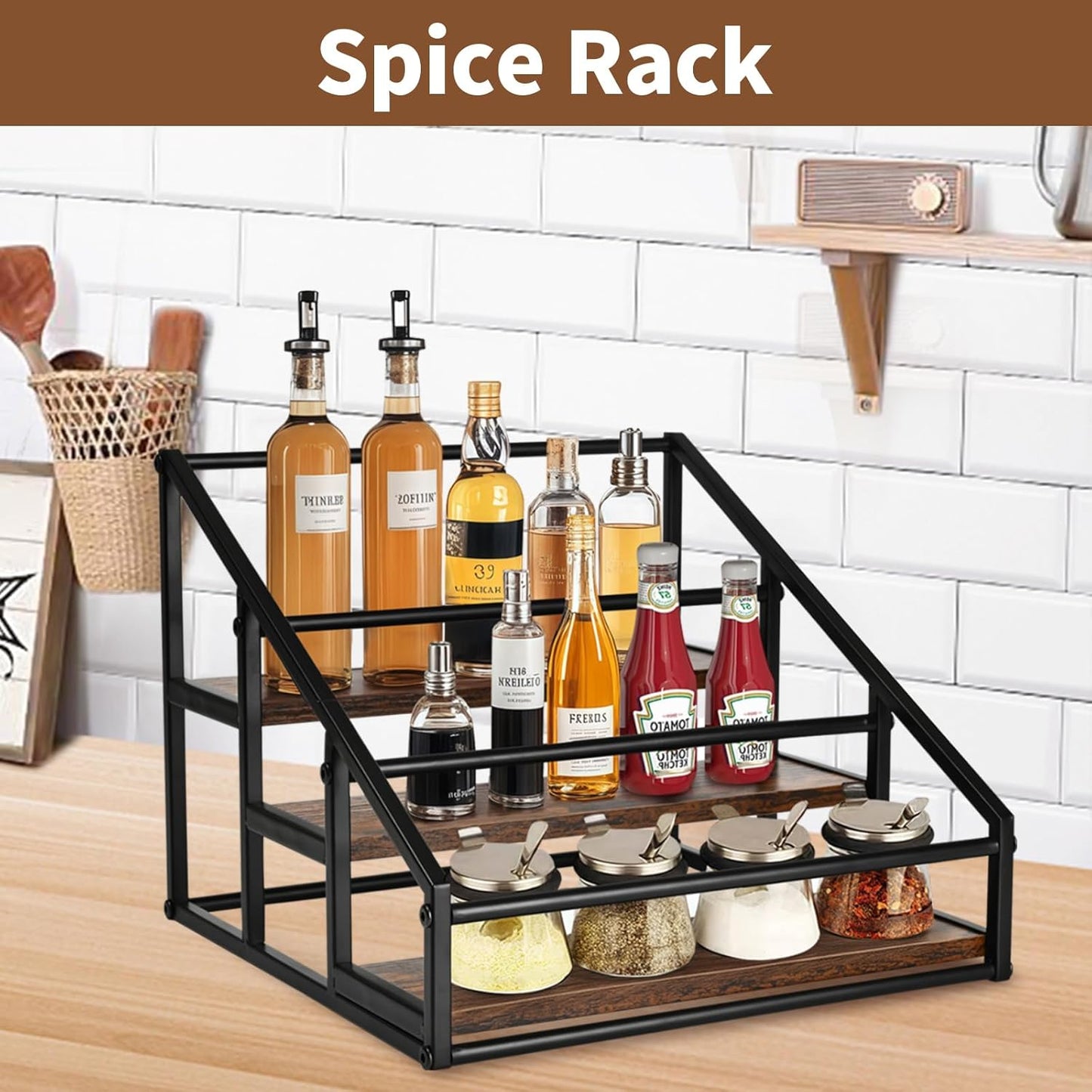 YQBRAO Coffee Syrup Rack Organizer,Liquor Bottle Display Shelf,2-Tier 4 Bottle Stand for Coffee Bar, Kitchen Station, Liquor, Wine, Dressing,Rustic Brown