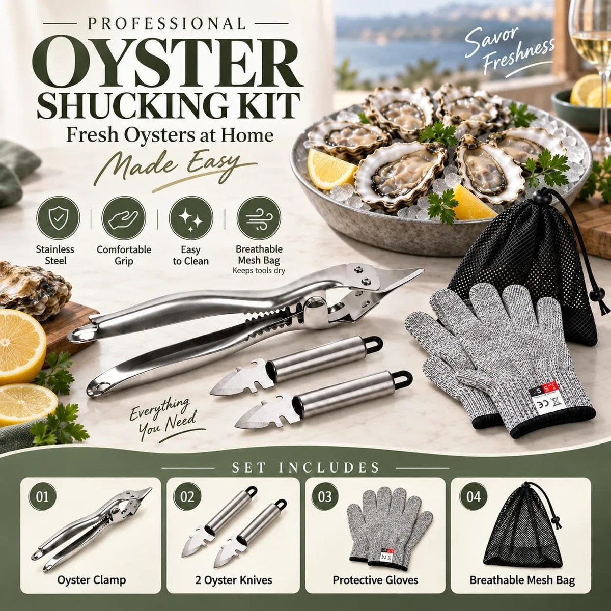 5 Pcs Oyster Shucker Machine 2026 New Oyster Opener Kit Professional Stainless Steel Clamp with 2 Knives Cut Resistant Glove Mesh Bag Helps Keep Juice for Seafood BBQ Camping Kitchen