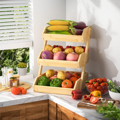 G.a HOMEFAVOR Large Bamboo Fruit Basket, 2-Tier Fruit Bowl for Kitchen Counter, Vegetable Storage Stand for Fruit Shop, 15 mm Thickness (Self-assembly)