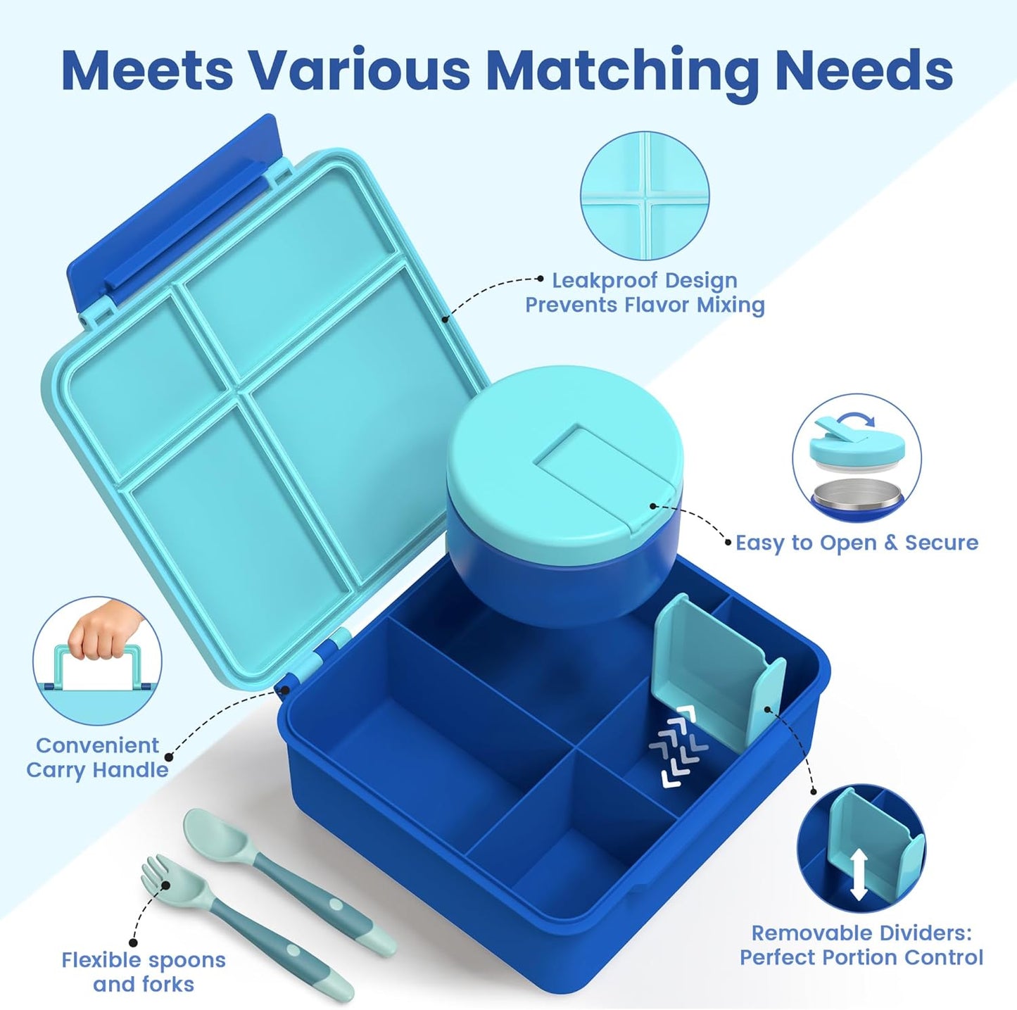 LOHASOK Bento Lunch Box Kids with 8oz Soup Thermo, Leak-Proof Lunch Containers with 4 Compartment, Thermo Hot Food Jar and Insulated Lunch Box for School Blue