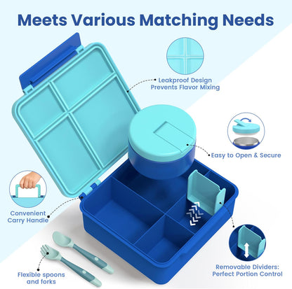 LOHASOK Bento Lunch Box Kids with 8oz Soup Thermo, Leak-Proof Lunch Containers with 4 Compartment, Thermo Hot Food Jar and Insulated Lunch Box for School Blue