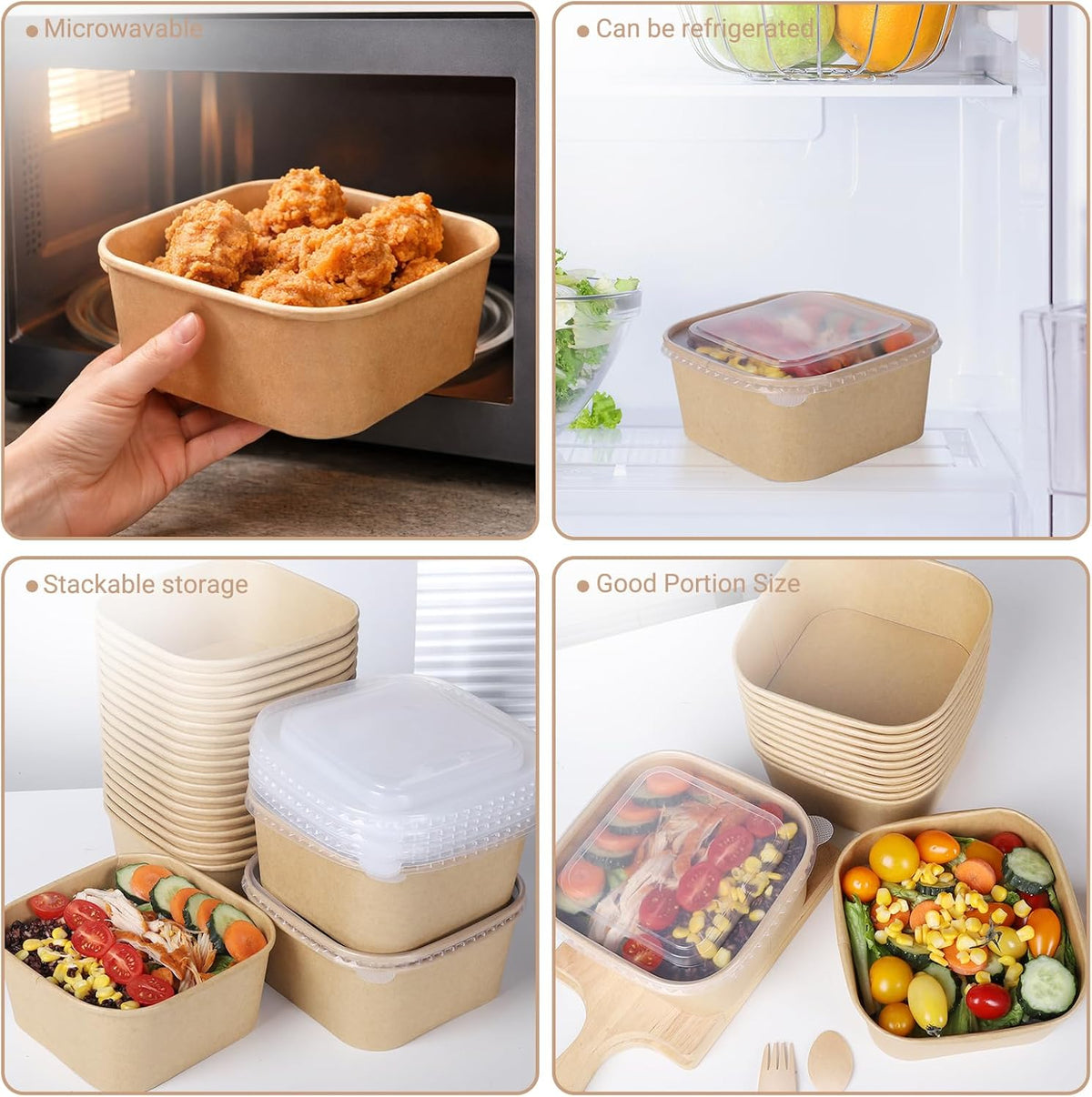 50 Sets 25oz Disposable Kraft Paper Bowls with Lids, Rectangle