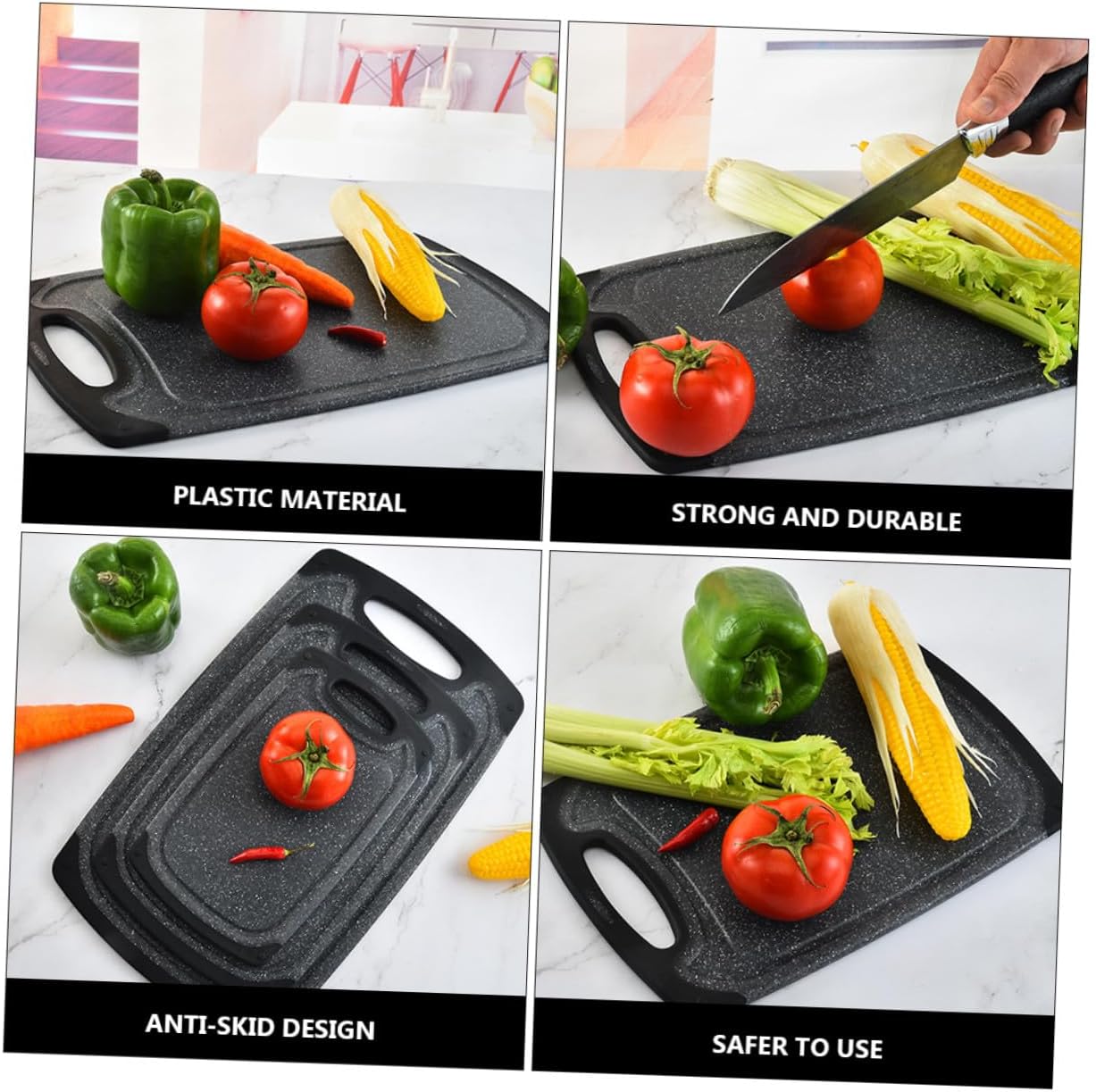 PRETYZOOM 3pcs Non-slip Plastic Cutting Board Mats Set, Double-sided Food-grade Chopping Boards for Meat and Vegetables, Black Home Kitchen Use