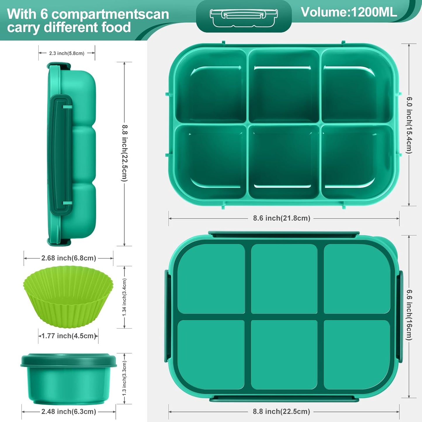 Amathley Lunch Box Kids Girls Boys,Bento Box Adult,Toddler Lunch Containers for School,Leakproof Snack Containers with 6 Compartments,Sauce Container,10 Food Picks and 4 Muffin Cups (Green)