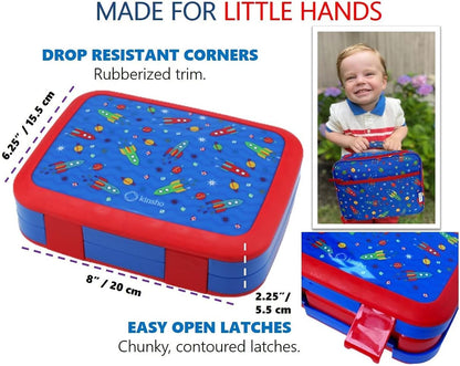 Kinsho Bento Lunch Box for Kids Toddlers, 5 Portion Control Sections, BPA Free Removable Plastic Tray, Pre-School Kid Toddler Daycare Lunches, Snack Container Ages 3 to 7 (Blue Space Rockets)
