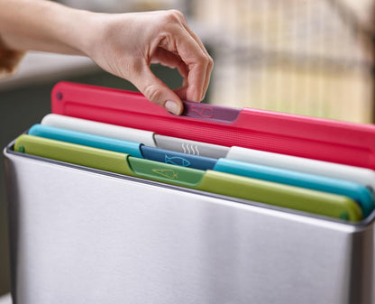 Joseph Joseph Folio Icon 4-Piece Multi Colour coded Cutting Board Set, Stainless Steel Slimline case for organized Kitchen storage, Silver