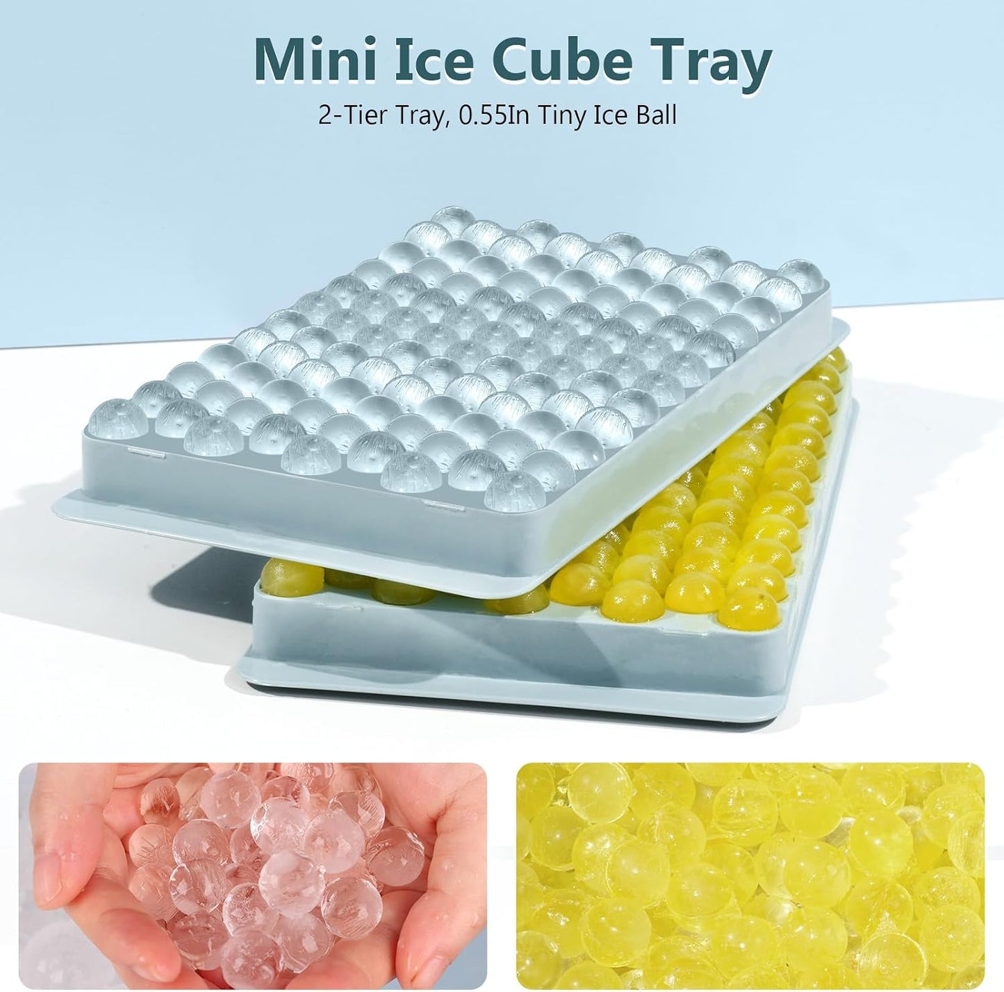 WIBIMEN Mini Ice Cube Trays, 0.55” Tiny Pebble Ice for Iced Coffee & Cocktails, Fast Chill, Easy Twist Release, Stackable with Lid & Storage Bin (2 Pack, Blue)