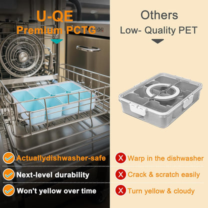 U-QE Dishwasher Safe Snackle Box Container with 8 Small Snacks Box - Premium Ivory Plastic Divided Serving Tray with Lid and Handle for Snack, Veggie, Fruits, Perfect for Party, Picnic, Entertaining